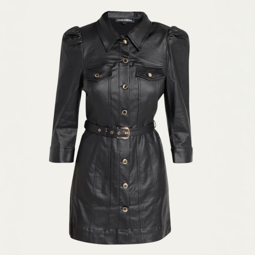 Retrofête Lema Coated Denim Vintage Inspired Button Down Belted Mini Dress NEW - Picture 6 of 11
